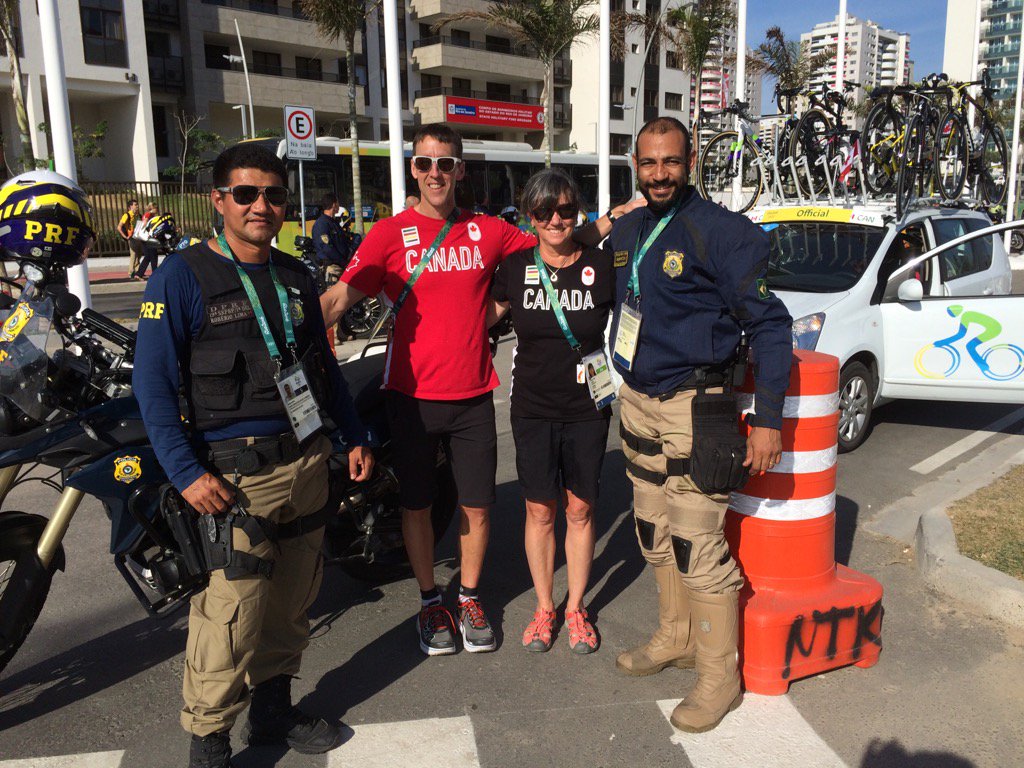 Setting off for the Olympic road race start in style with 2 cops and a doc.  Bring it on!@CyclingCanada #Rio2016