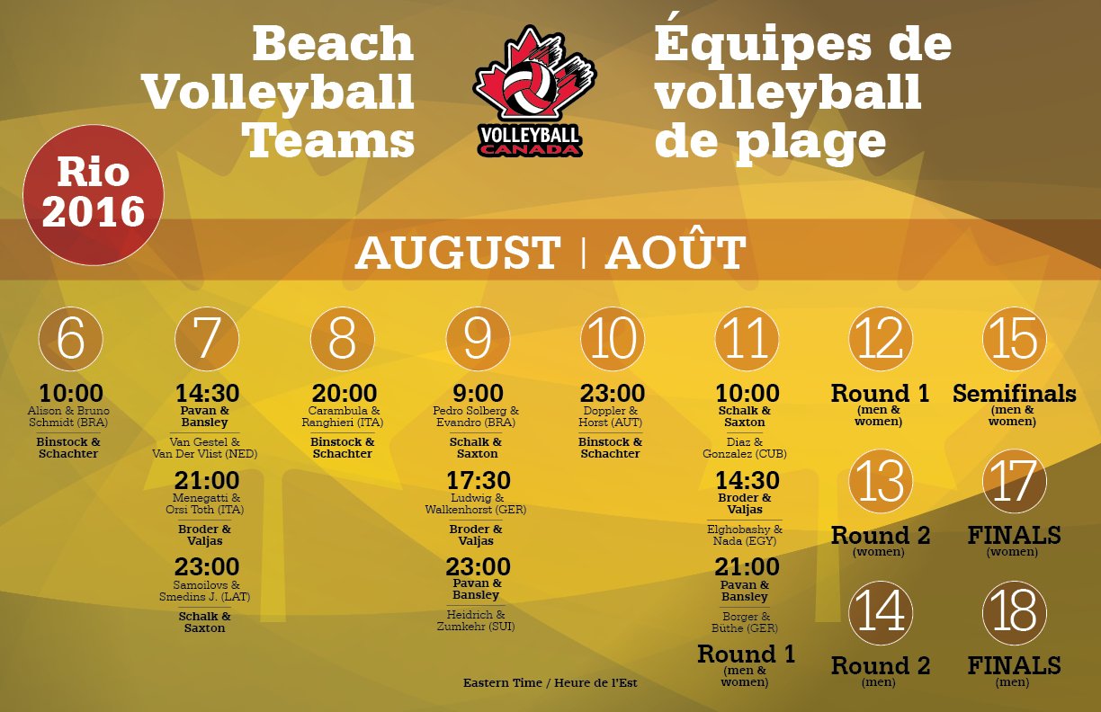 Volleyball Canada on Twitter "Here's the Rio2016 schedules for CAN vball teams (EDT). Voici