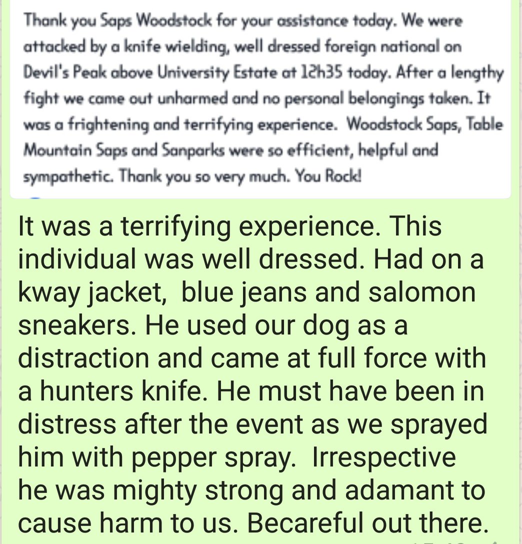 Update: Hikers attacked below #DevilsPeak by a knife yielding robber #tablemountain #capetown <a href="/TableMntnWatch/">Table Mountain Watch</a>