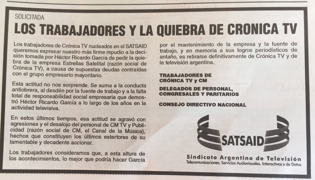 RFioravanti's tweet photo. Trabajadores de Crónica TV, contra la embestida de Héctor Ricardo García. #FundadorOFundidor https://t.co/fJ8W3MwiEb