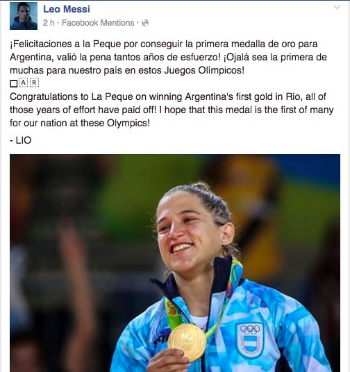 PrensaCOA's tweet photo. #JuegosOlímpicos ¡A través de su cuenta de Facebook, Leo Messi felicitó a Paula Pareto por su medalla de #oro! https://t.co/HoaUi2W9yl