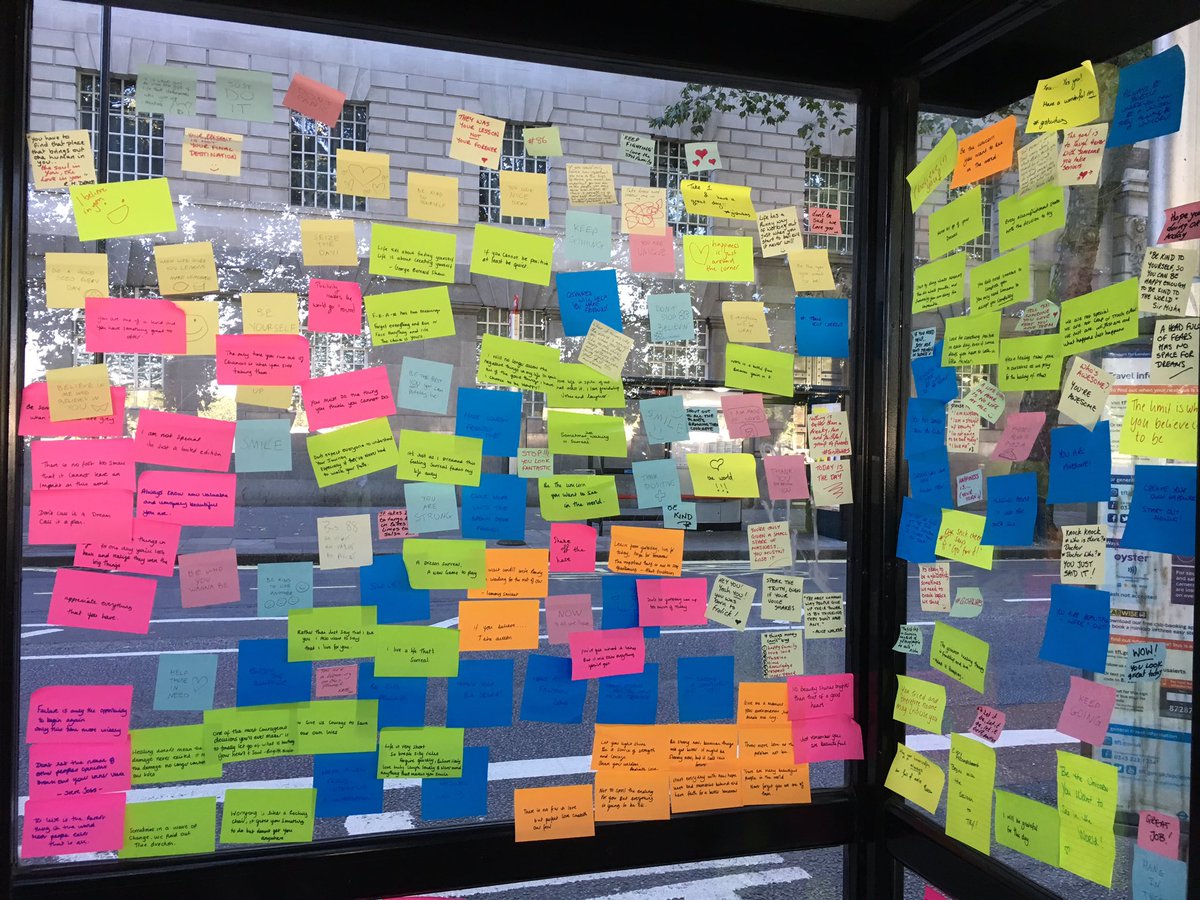 sparksofben's tweet photo. London Bus Stop full of positive affirmations. https://t.co/8WWwrMtzeH