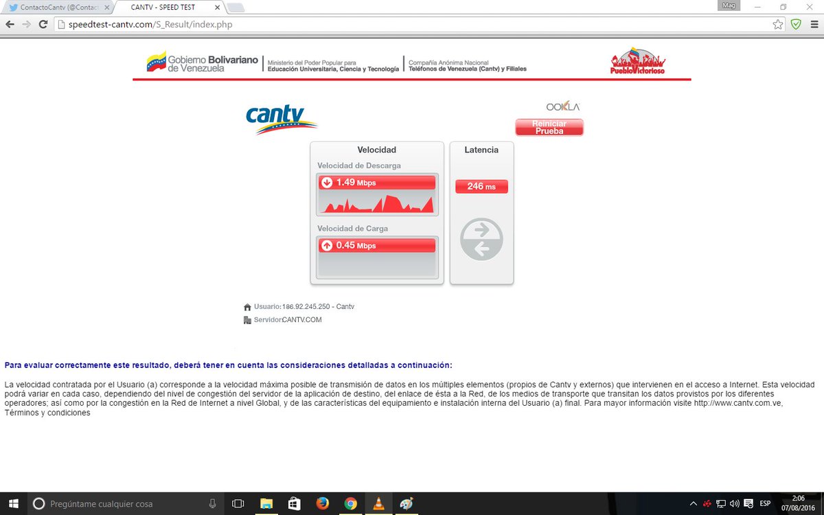 Miguelx27's tweet photo. @ContactoCantv buenas llevo semanas que la velocidad de mi Internet esta asi, tengo plan de 8 megas,  2617434029 https://t.co/DzxwTmGUVs