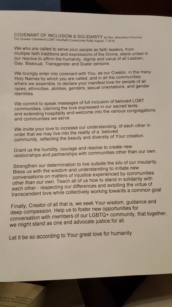 CalledOutUCC's tweet photo. An interfaith group of faith leaders make a Covenant of Inclusion &amp; Solidarity #LGBTUnityCLE Rally #OrlandoUnited https://t.co/cuHlbLKo8J