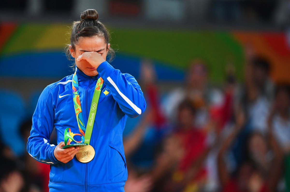 Olympics's tweet photo. Majlinda Kelmendi won the first ever gold for #KOS at the #Olympics  #Judo https://t.co/2RHzEzOqq2