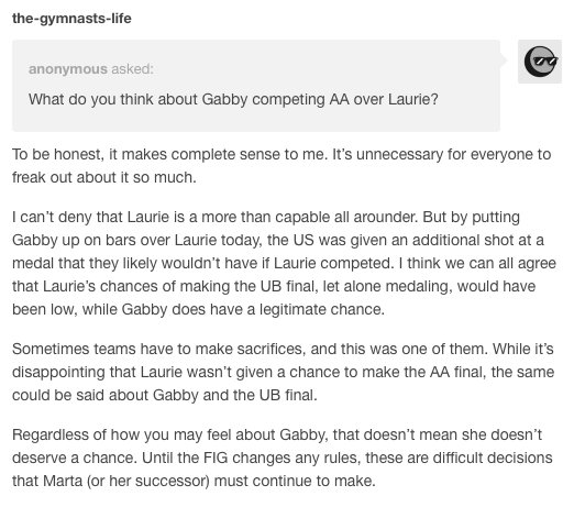 GymnastsLife's tweet photo. To anyone who's still salty about Gabby competing AA over Laurie today https://t.co/3ZIclpMwbw