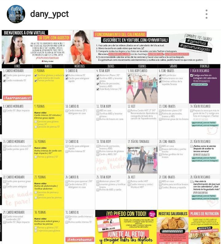 dany_ypct's tweet photo. Primera semana terminada. ¡A darlo todo! ✌✊✋😉 #yopuedocontodo  #ypct #gymvirtualagosto #gymvirtual @GymVirtual_com https://t.co/Fe0wSaBb9J