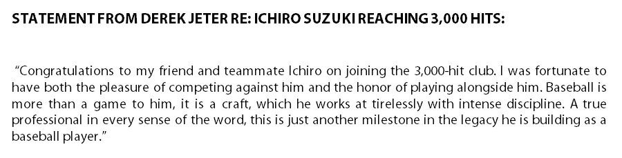 YankeesPR's tweet photo. Derek Jeter sends his congratulations to Ichiro Suzuki, who just became the latest member of the 3,000-hits club https://t.co/xwUjCKc0BG