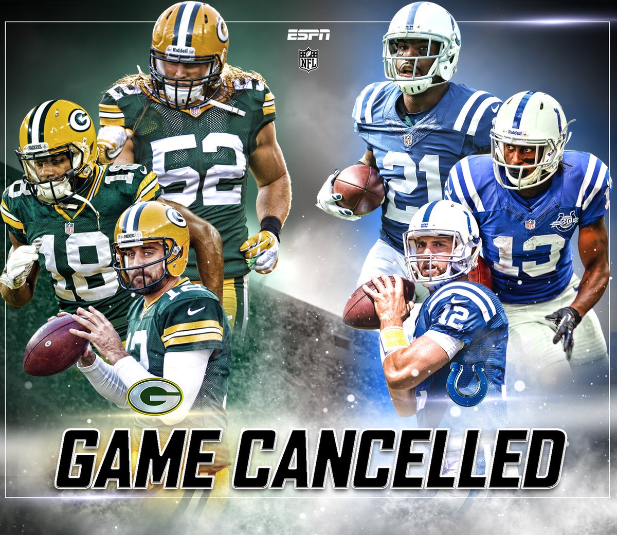 ESPNNFL's tweet photo. BREAKING: The Hall of Fame game between the Packers and the Colts has been cancelled because of field condition. https://t.co/hCUZCP4nvP