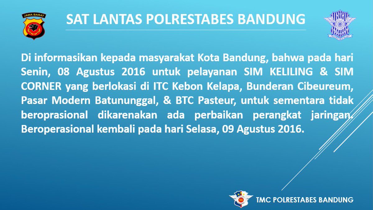 Via <a href="/tmc_restabesbdg/">TMC SATLANTAS POLRESTABES BDG</a> : SIM Keliling &amp; SIM Corner untuk sementara tidak… dlvr.it/LzZ7Cm #infobdg