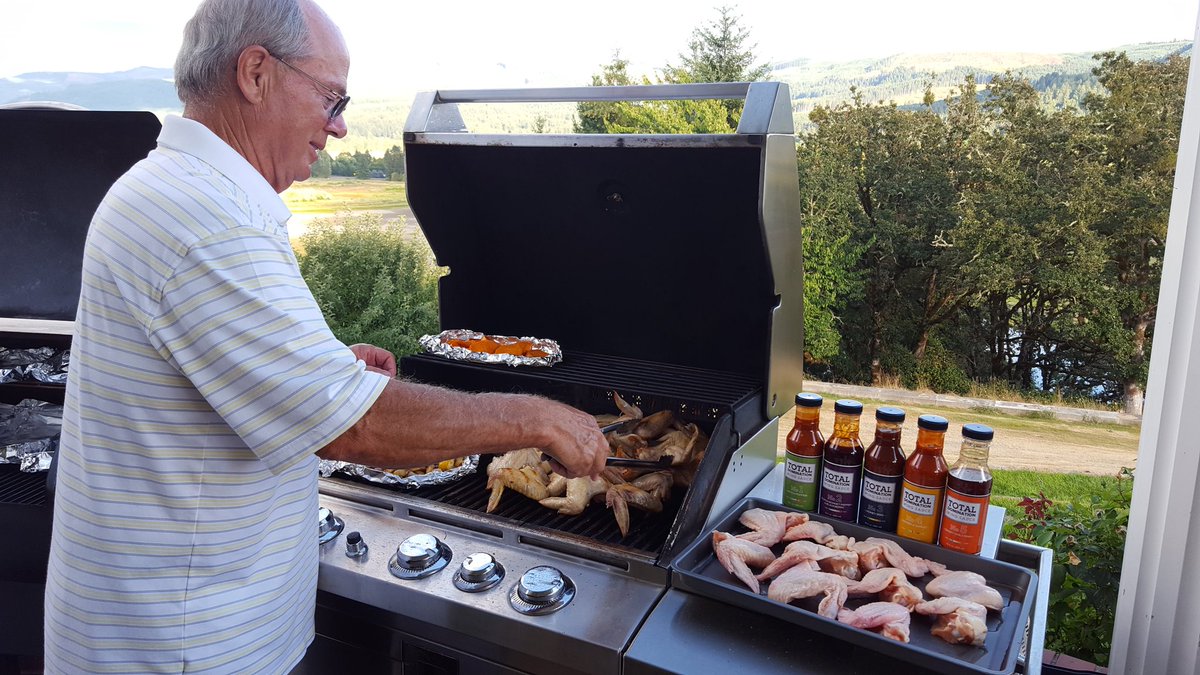 TDHAUGEN's tweet photo. I've got Dad on wing duty! Testing all 5 Total Domination sauces on actual chicken wings tonight! #wingparty https://t.co/2G97TTdH0H