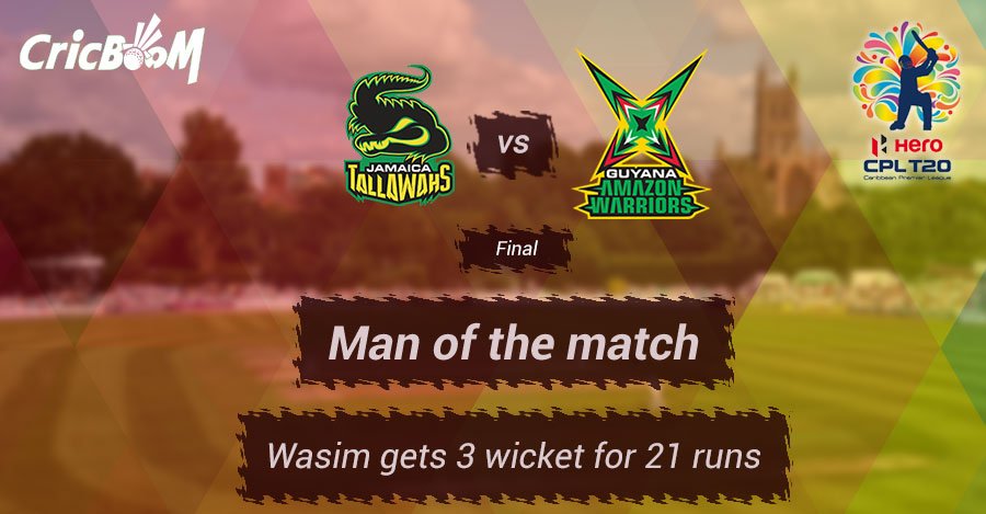 CricBoomLive's tweet photo. Man of the match!
Final - Match
GAW v JAM
#CricBoom #GAW #JAM #GAWvJAM #CPLT20 https://t.co/pn9j9riMHJ