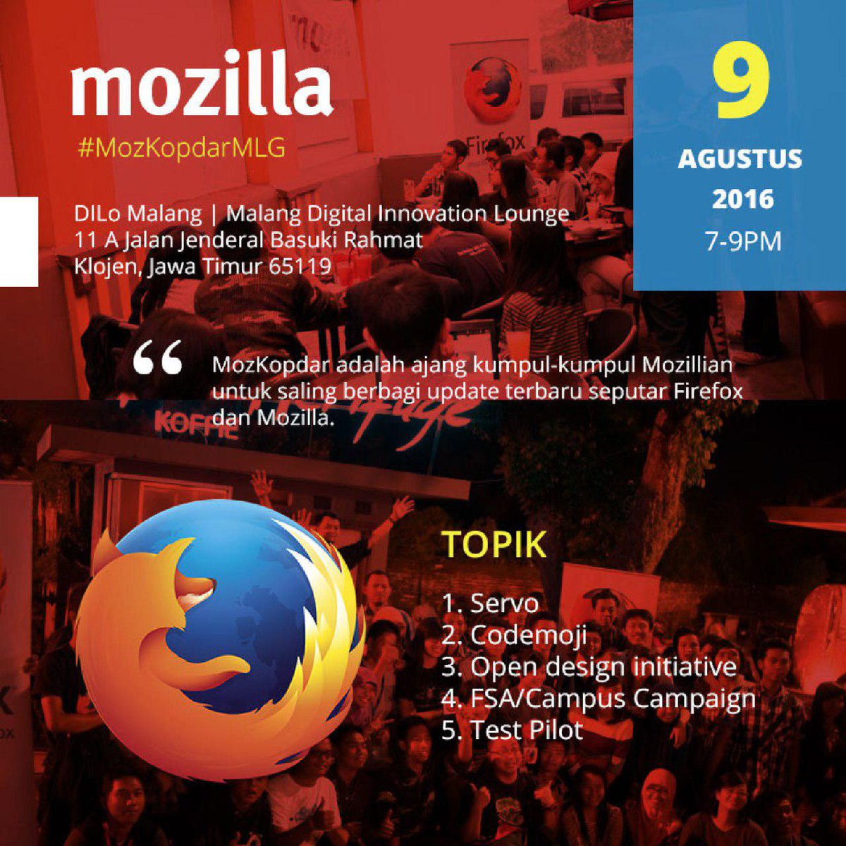 Join Yuk .. Gratis :)
Besok at @DiLoMalang 
Kopdar Mozilla Community - Malang

malang.dilo.id/event-malang/1…