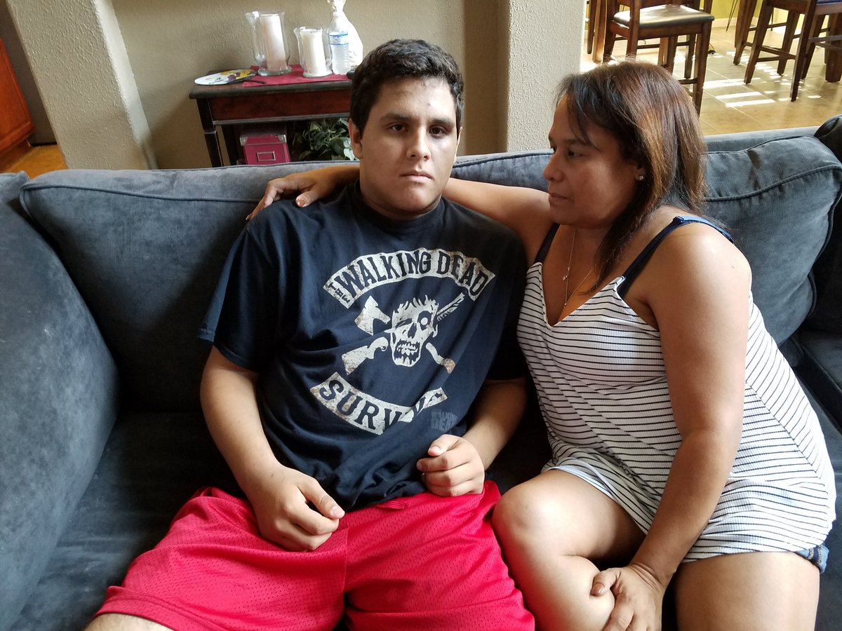 KPRC2BillS's tweet photo. Yvelises Giordano comforts her autistic son after beating. He was attacked in Cypress.  Story after #RioOlympics2016 https://t.co/eIdw3sTfZZ