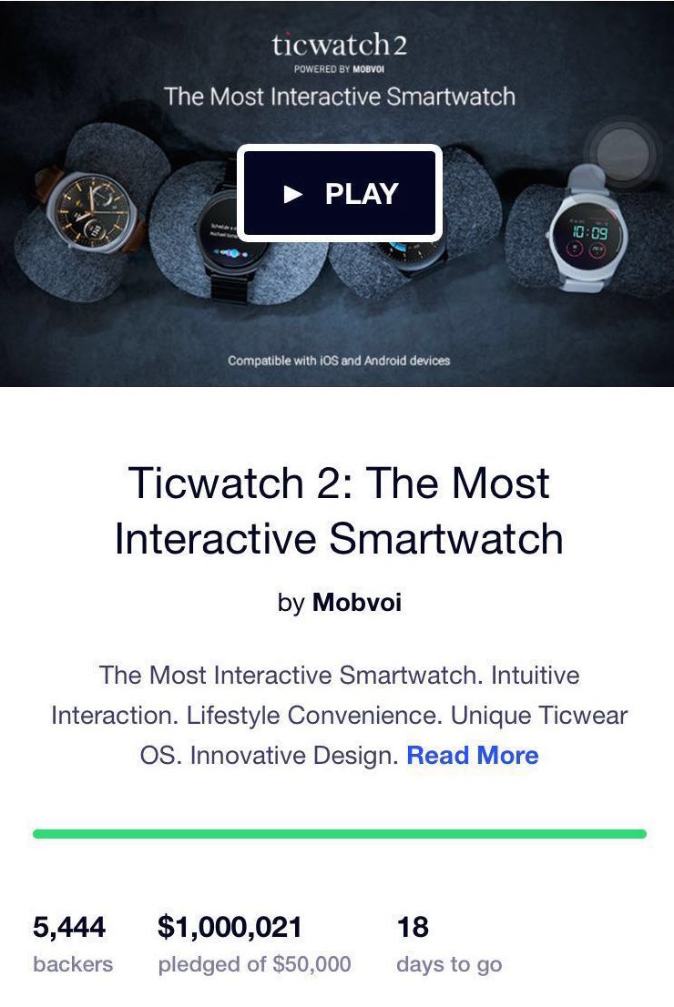 We have reached $1 Million in total pledges! Thank you all for supporting us to bring the #Ticwatch 2 to the world.