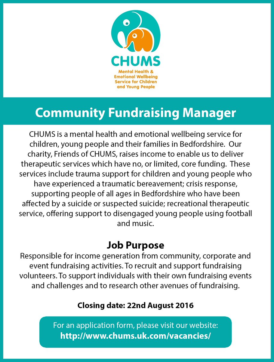 CHUMS are looking for a Community Fundraising Manager! #fundraising #charity #mentalhealth #childmentalhealth