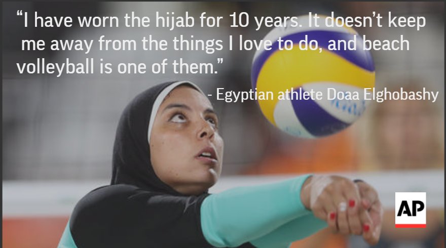 AP_Sports's tweet image. Egyptian beach volleyball player: Hijab won't keep me from sport #Rio2016