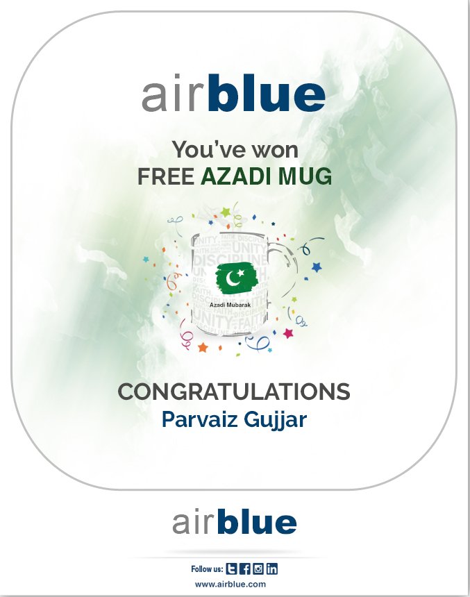 airblueairline's tweet photo. #AzadiQuiz
Congratulations Mr. #ParvaizGujjar
#HamaraAzadPakistan #BlueBest #Day1 https://t.co/Th6iwmVCXL