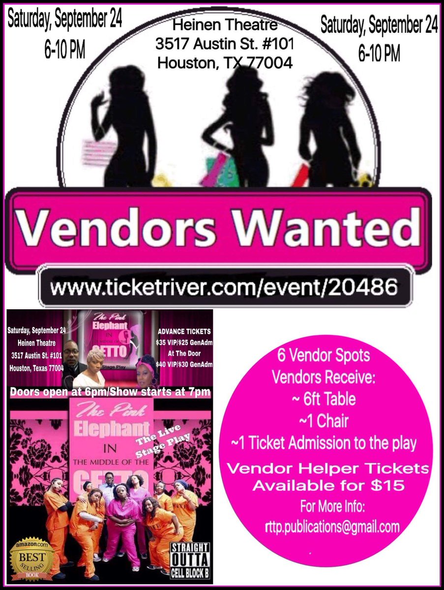 TiTiLadette's tweet photo. Be a #vendor and #market your products@ #ThePinkElephantStagePlay/Houston TX Sept 24
#ThinkPinkNation #SwagCrazy https://t.co/glfPgkqcyV