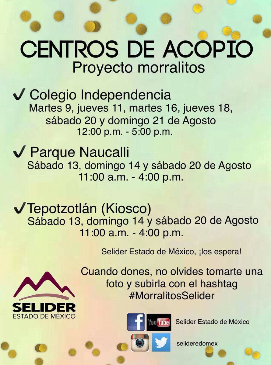 selideredomx's tweet photo. Estos son los centros de acopio  para donar materiales o dinero para el proyecto morralitos LOS ESPERAMOS ! https://t.co/nSZISgwbvc