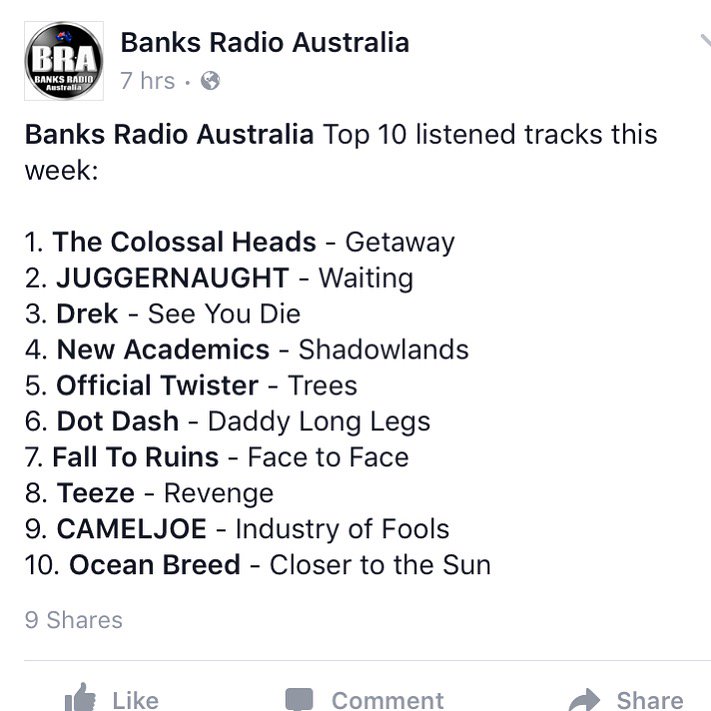 Thank <a href="/BanksRadioAU/">Banks Radio AU</a> for the support. 2 tracks on their Top 10  <a href="/JuggernaughtSA/">Juggernaught</a> at #2 &amp; <a href="/newacademics/">New Academics</a> at #4!
