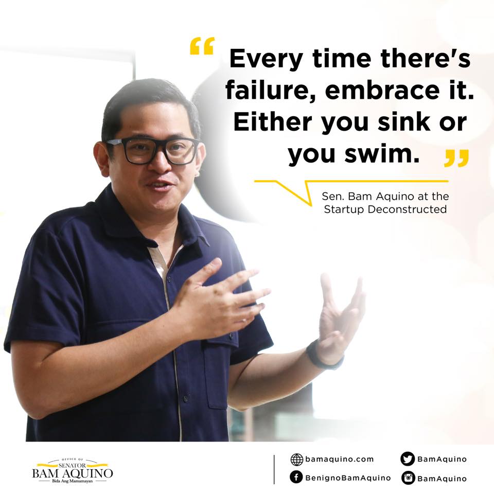 bamaquino's tweet photo. "Every time there's failure, embrace it. Either you sink or you swim." - Sen. Bam at the #StartupDeconstructed https://t.co/QTYjGP2WFM