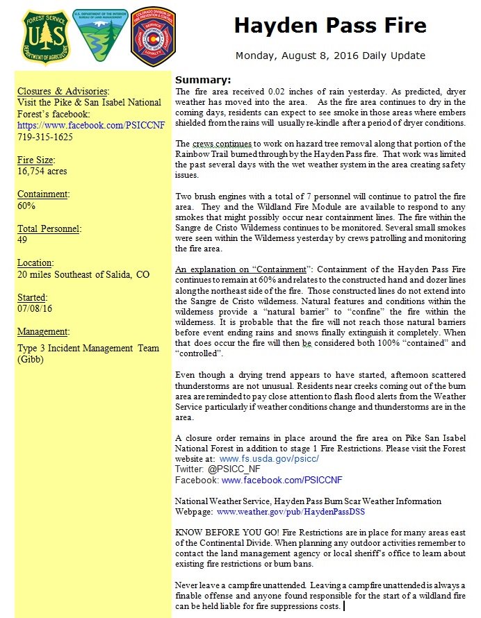 HaydenPassFire's tweet photo. Attached is the Hayden Pass Fire Daily Update for Monday August 8, 2016 https://t.co/eqfVPy7Acg
