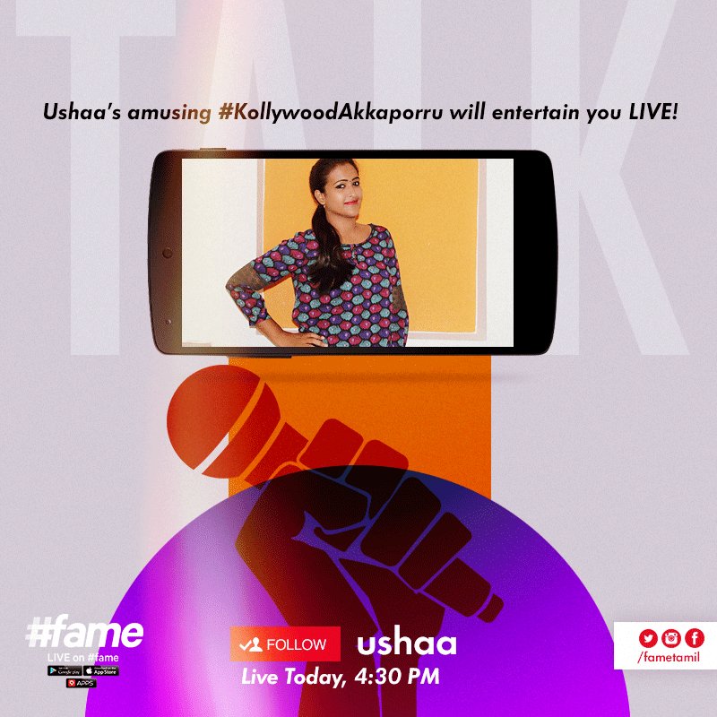 fameTamil's tweet photo. Get entertained by Ushaa’s hilarious #KollywoodAkkaporru LIVE on #fame at 4:30 PM!
#fameTamil https://t.co/KmVra1I3NT