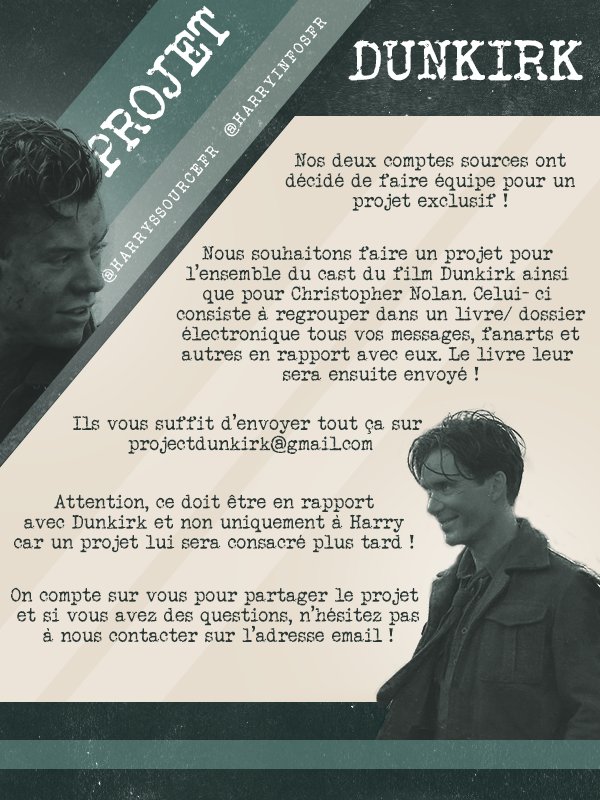 HarrySSourceFR's tweet photo. Nous avons le plaisir de vous annoncer avec @HarryInfosFR notre projet exclusif intitulé #ProjectDunkirk ! https://t.co/nPgAILxRm0