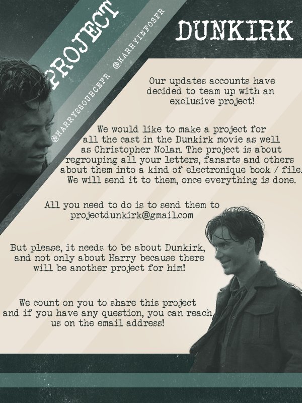HarrySSourceFR's tweet photo. Nous avons le plaisir de vous annoncer avec @HarryInfosFR notre projet exclusif intitulé #ProjectDunkirk ! https://t.co/nPgAILxRm0