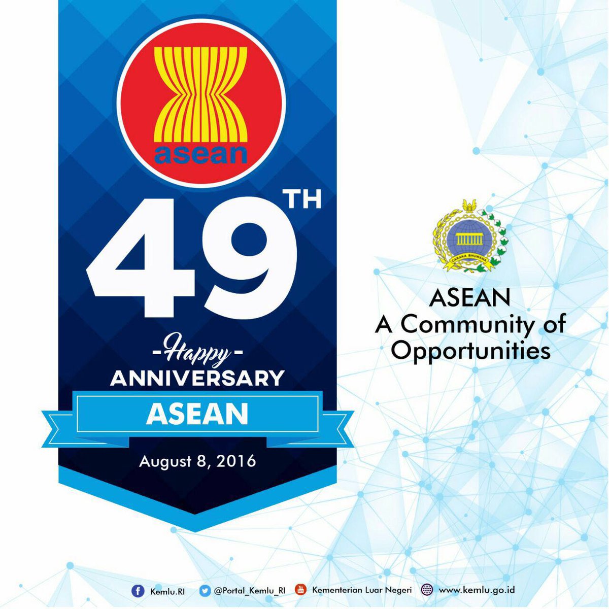 Kemlu_RI's tweet photo. Happy 49th Anniversary #ASEAN (1967-2016). A community of Opportunities. #ASEANisUs #ASEANadalahKita https://t.co/dcIdIch7Dh