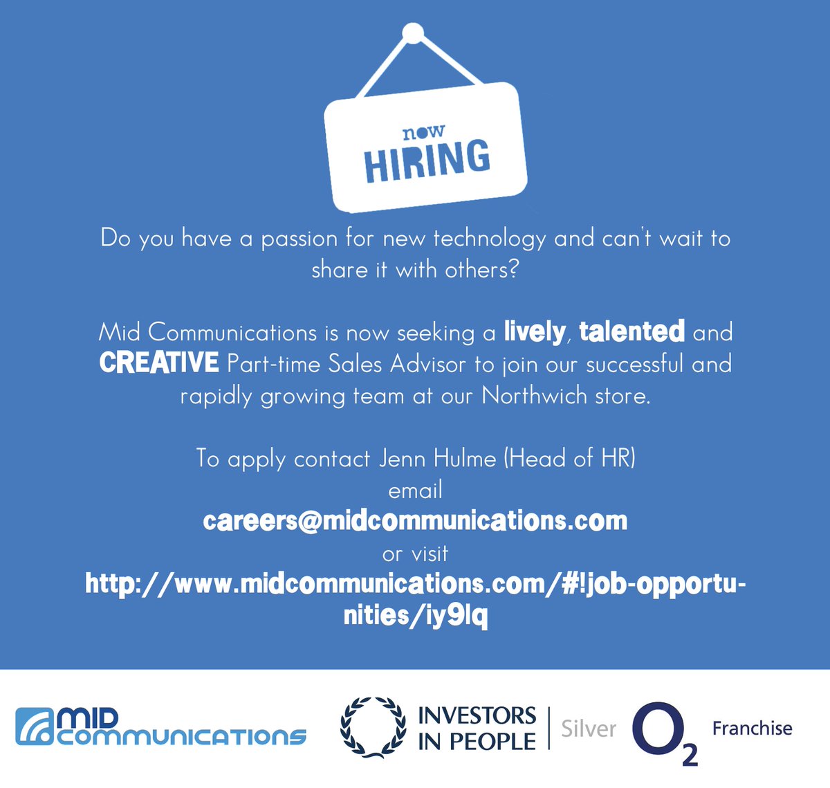 MIDCommsUK's tweet photo. We are #recruiting for a #parttime #SalesAssistant in #o2northwich. Apply today https://t.co/XeebSFUXNY #Northwich https://t.co/K1FQxw5jLn