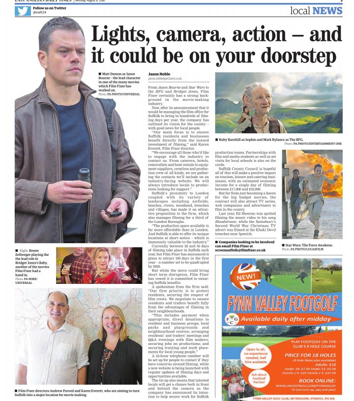 FilmFixerUK's tweet photo. #ScreenSuffolk: ensuring #Suffolk locals benefit from #filming. Lovely piece in today's @EADT24 @jason_noble1989 https://t.co/gzaW0PG9Lr