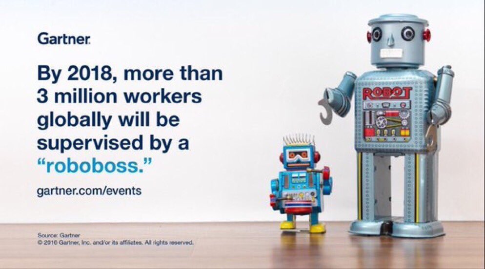 elbottherobot's tweet image. RT @ValaAfshar: By 2018, more than 3 million workers globally will be supervised by a &quot;robo-boss.&quot; —Gartner @SHRM