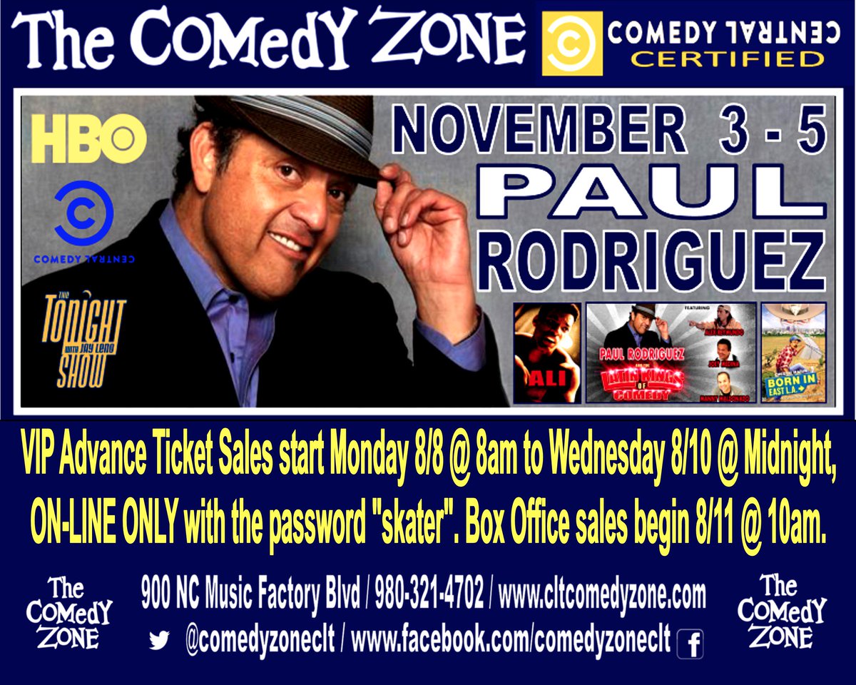 The Comedy Zone (@comedyzoneclt) on Twitter photo Pre-sale tickets for <a href="/ThePaulRod/">Paul Rodriguez</a> available now - Wednesday at 11:59PM! Get 'em while they're hot! Pre-sale tickets for <a href="/ThePaulRod/">Paul Rodriguez</a> available now - Wednesday at 11:59PM! Get 'em while they're hot!