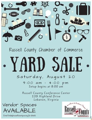 RussellChamber's tweet photo. RCCC Yard Sale on August 20. Complete vendor application and return to linda@russellcountyva.org. See flyer. https://t.co/GJHlCDk9O4