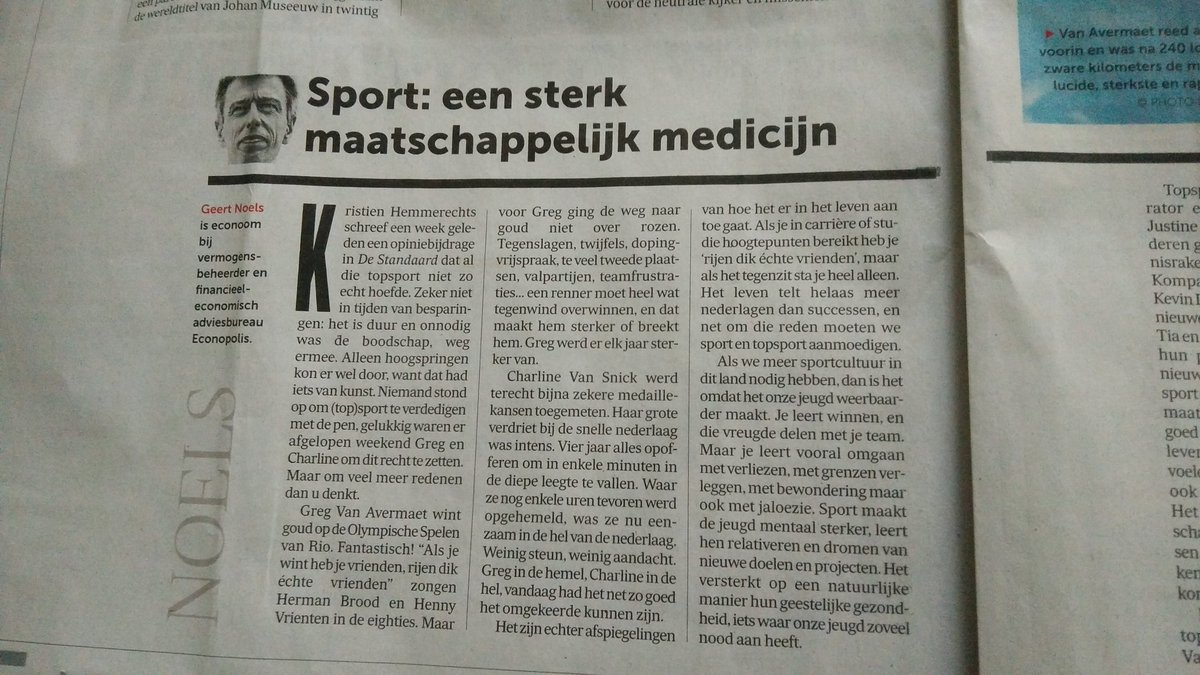 "Sport als natuurlijk antidepressivum. Het kan ook minderbedeelden kansen bieden en verzuring tegengaan"<a href="/GeertNoels/">Geert Noels</a>