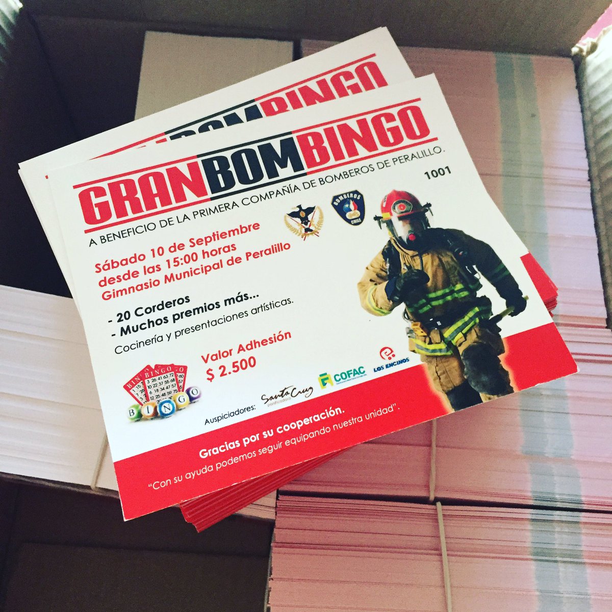 VirtualColorCh's tweet image. Impresión adhesiones de #bingo #cliente #bomberos #peralillo 😀  A cooperar con ellos!