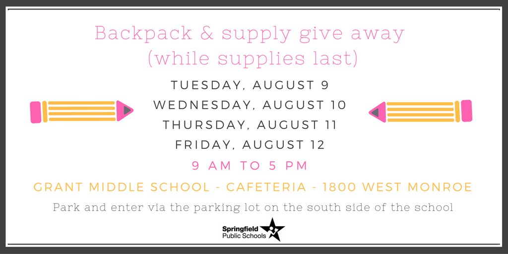 schooldist186's tweet photo. Backpack &amp; supply give away! 9 AM - 5 PM Tues 8/9-Friday 8/12 at Grant Middle School @HoraceMann @wics_abc20 https://t.co/we81LKCt1M