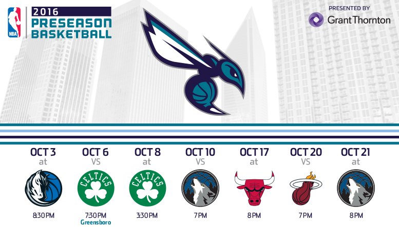 hornets's tweet photo. Here it is, #BuzzCity! Your Hornets' seven-game 2016-17 preseason schedule 😎

https://t.co/IUJkPDv8lc https://t.co/xb0nwjlxex