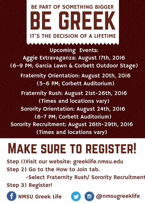 Fraternity Rush and Sorority Recruitment are just around the corner. Here are the important dates for our events.