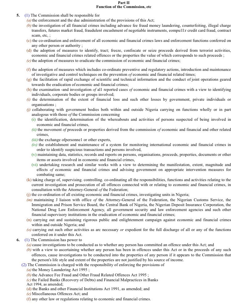 For the sake of this conversation.
1. Cyber stalking according to law
2. Functions of EFCC according to law