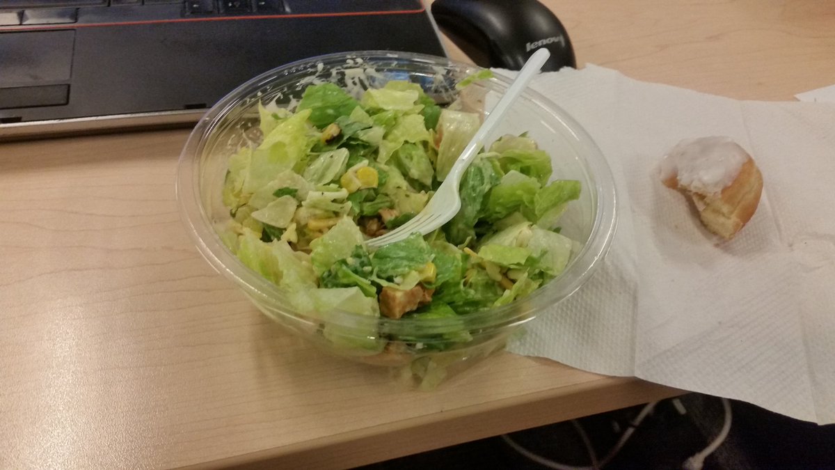 kaybyer's tweet photo. I'm about 10 secs away from crumbling the rest of this donut into my salad. #balancedlunch https://t.co/gc4FHm0E9Q