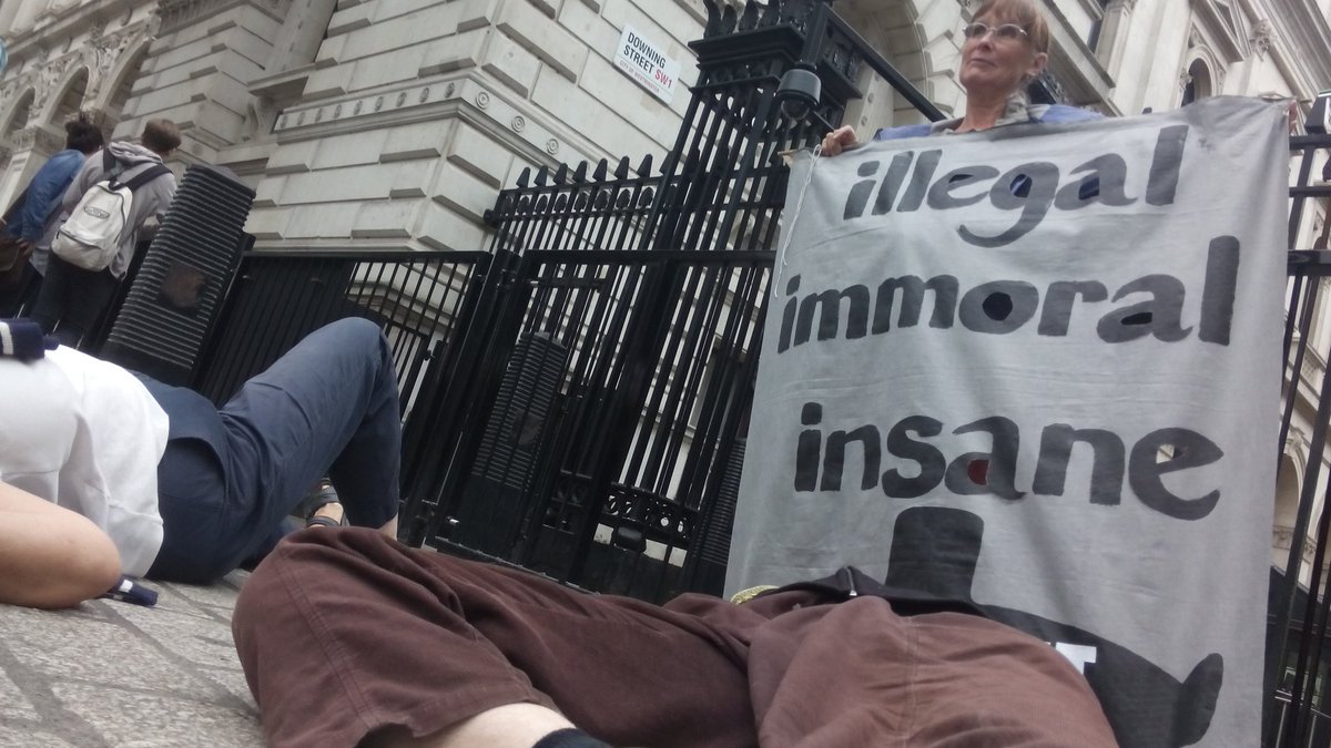 badgeringhan's tweet photo. Die in outside Downing Street now! #ScrapTrident #Hiroshima #Nagasaki #Remember @CNDuk @TridentPlough https://t.co/NvsVTleyE4