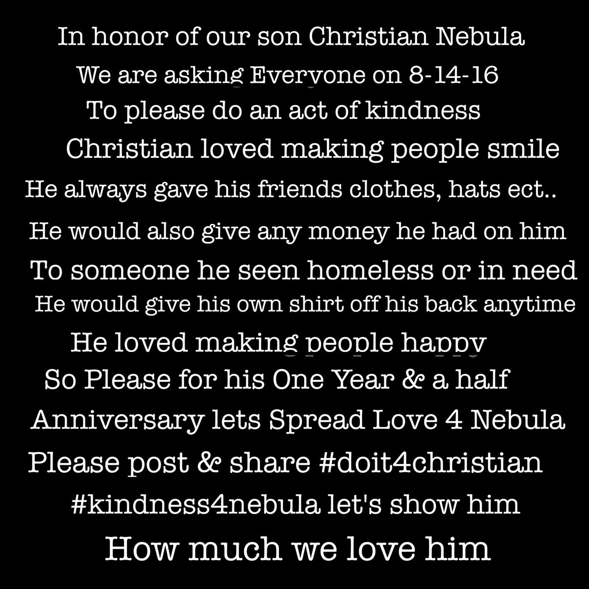 LilZeusMane's tweet photo. Spread love 4 Nebula 8-14-16 #18mos please read #kindness4nebula #doit4christian https://t.co/tNuP3v97kF