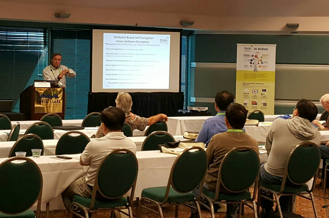 SNIA's tweet photo. The amazing Michael Willett of @thedrivetrust  mesmerizing on encryption of stored data @SNIA at @flashmem https://t.co/B0csZjqOjp