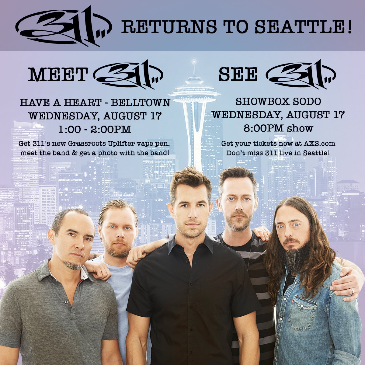 311's tweet photo. SEATTLE -next Wed 8/17 meet 311 at Have a Heart Belltown (1-2pm) &amp; SEE 311 at Showbox SoDo that night! Get your tix! https://t.co/F4Oj2OZ6a8