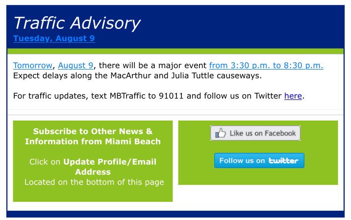 MiamiBeachNews's tweet photo. #Traffic due to a major event on TUE 8/9 expect delays along the MacArthur &amp; Julia Tuttle Cswys from 3:30PM - 8:30PM https://t.co/FpJPGMMxKV