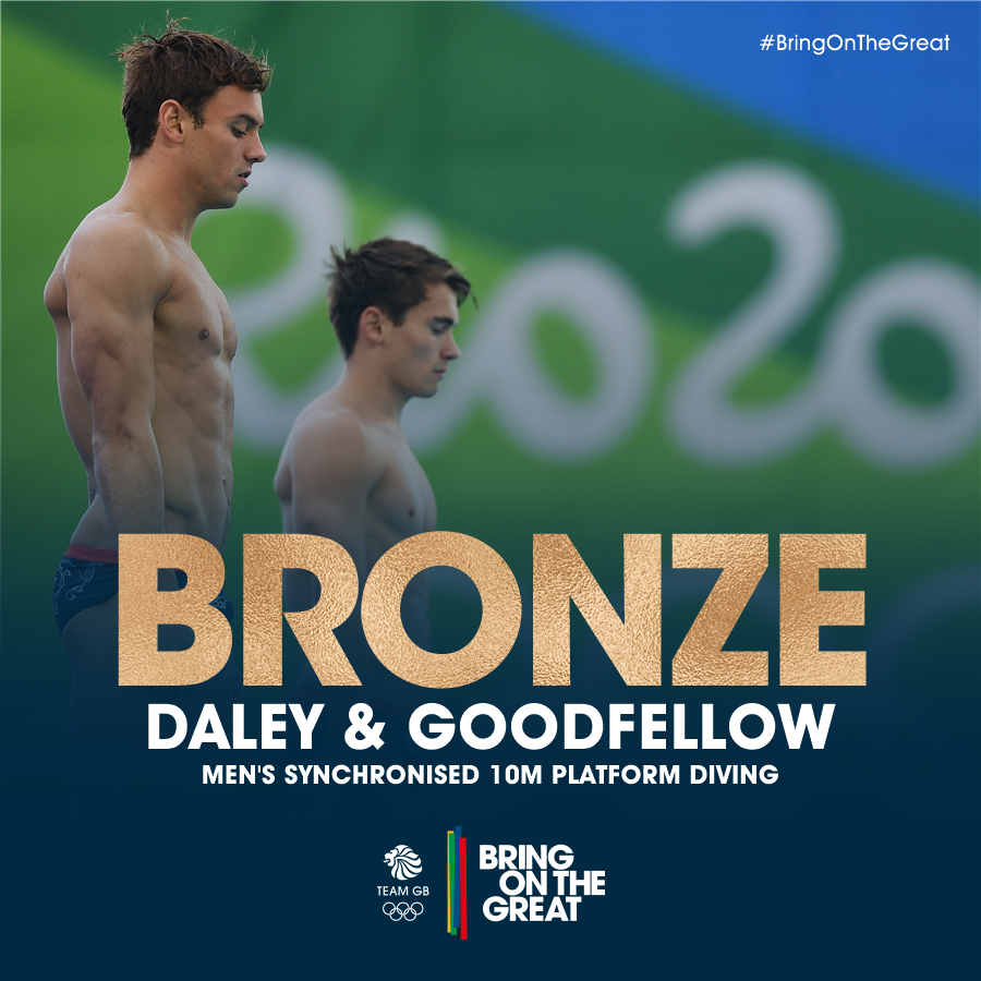 TeamGB's tweet photo. Boom! #Bronze! @TomDaley1994 &amp; @danngoodfellow medal at #Rio2016 in the Men's Synchronised 10m Platform #Diving https://t.co/eWjYr90RrB
