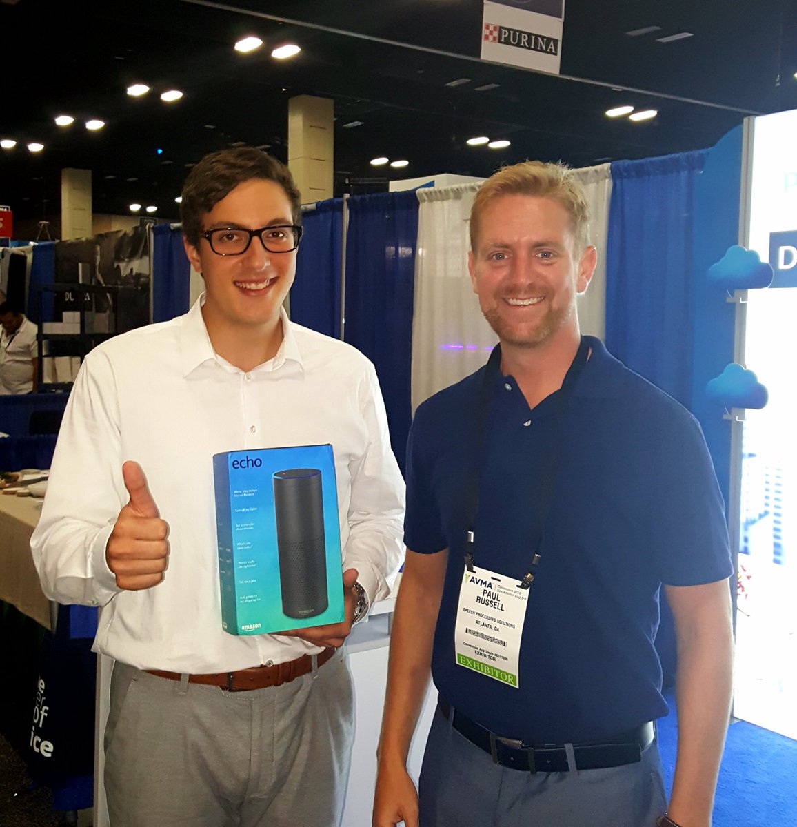 speech_com's tweet photo. Stop by our booth at #AVMA2016! Thanks for checking in with us, Tyler, our lucky Amazon Echo winner! #Philips #voice https://t.co/0CNStyjEU7